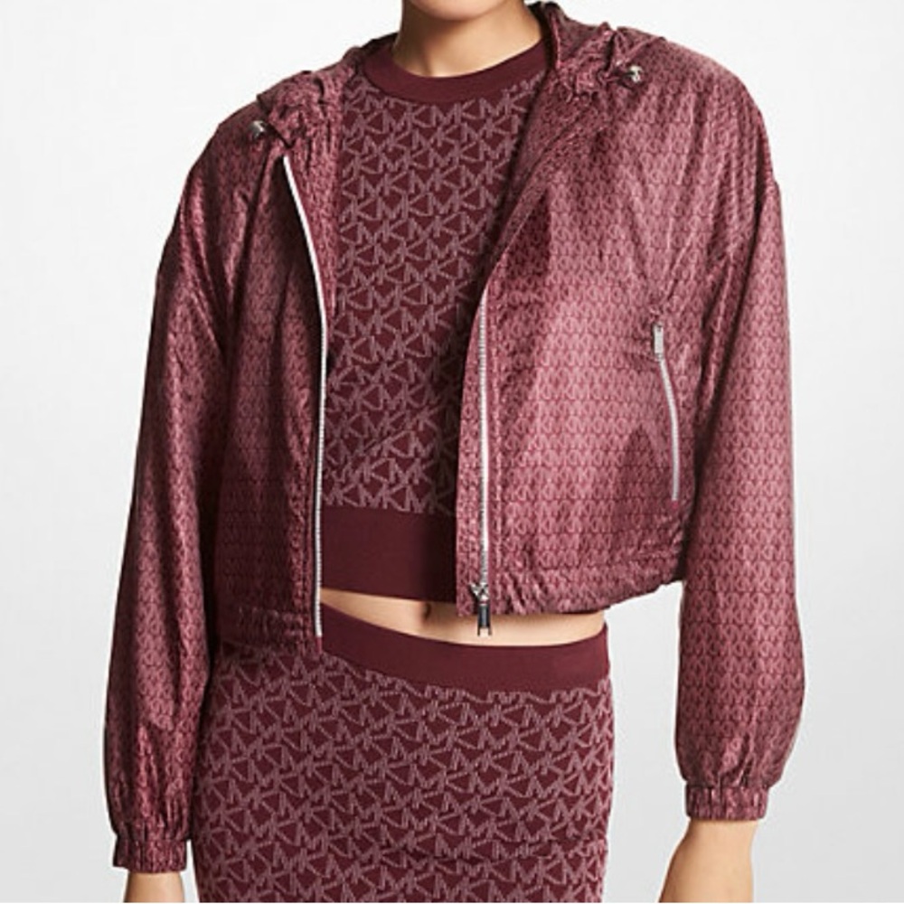 NEW Micheal Kors Logo Satin Ciré Cropped Windbreaker Jacket